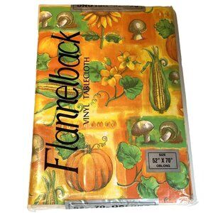 Vintage Fall Vinyl Tablecloth Flannel Backed 52x70" Oblong Mushrooms Pumpkin NOS